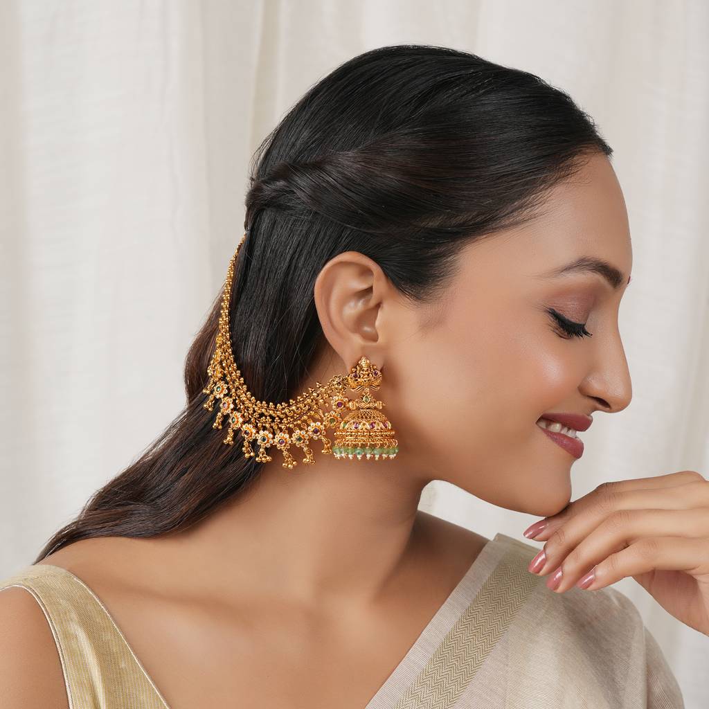 Stunning 3 Line Multicolor Stone Antique Gold Ear Chain : SJ459