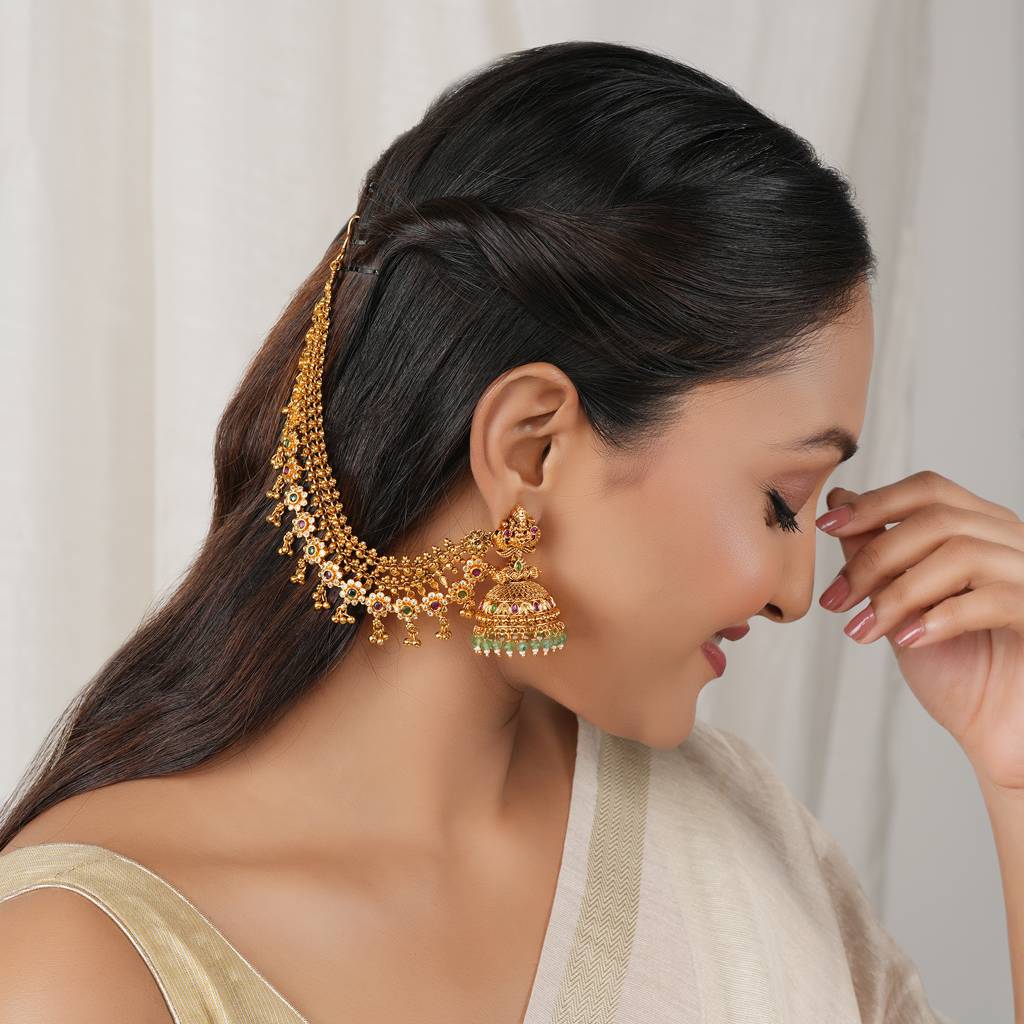 Stunning 3 Line Multicolor Stone Antique Gold Ear Chain : SJ459