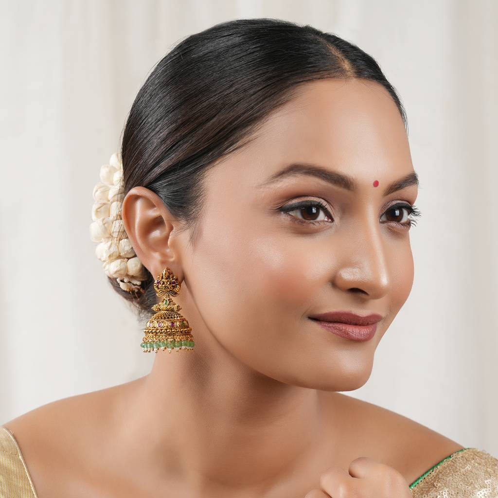 Gorgeous Antique Gold Traditional Maa Lakshmi Stone Jhumka Earring : SJ464