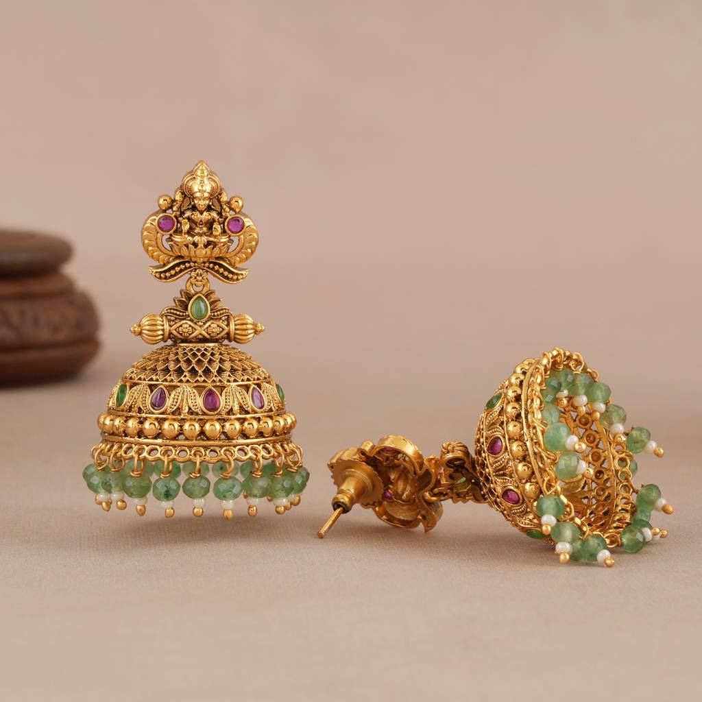 Gorgeous Antique Gold Traditional Maa Lakshmi Stone Jhumka Earring : SJ464