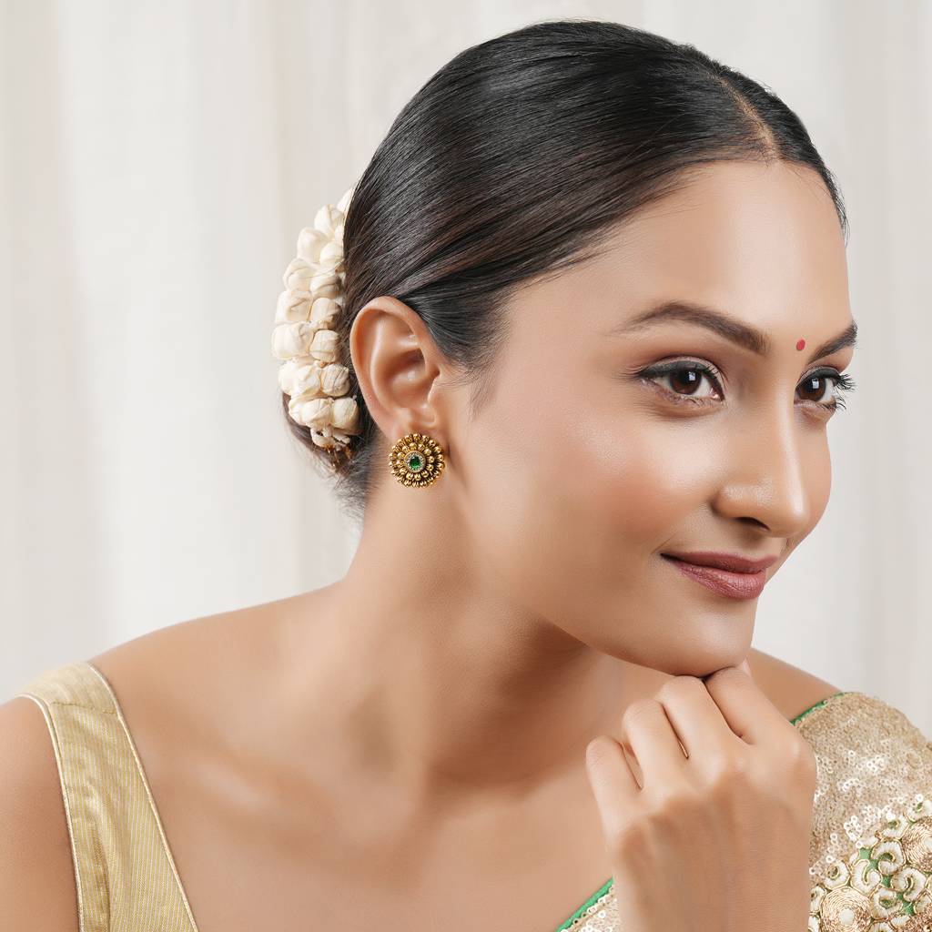 Cute Elegant Floral Antique Gold Green Stone Stud Earring : SJ466