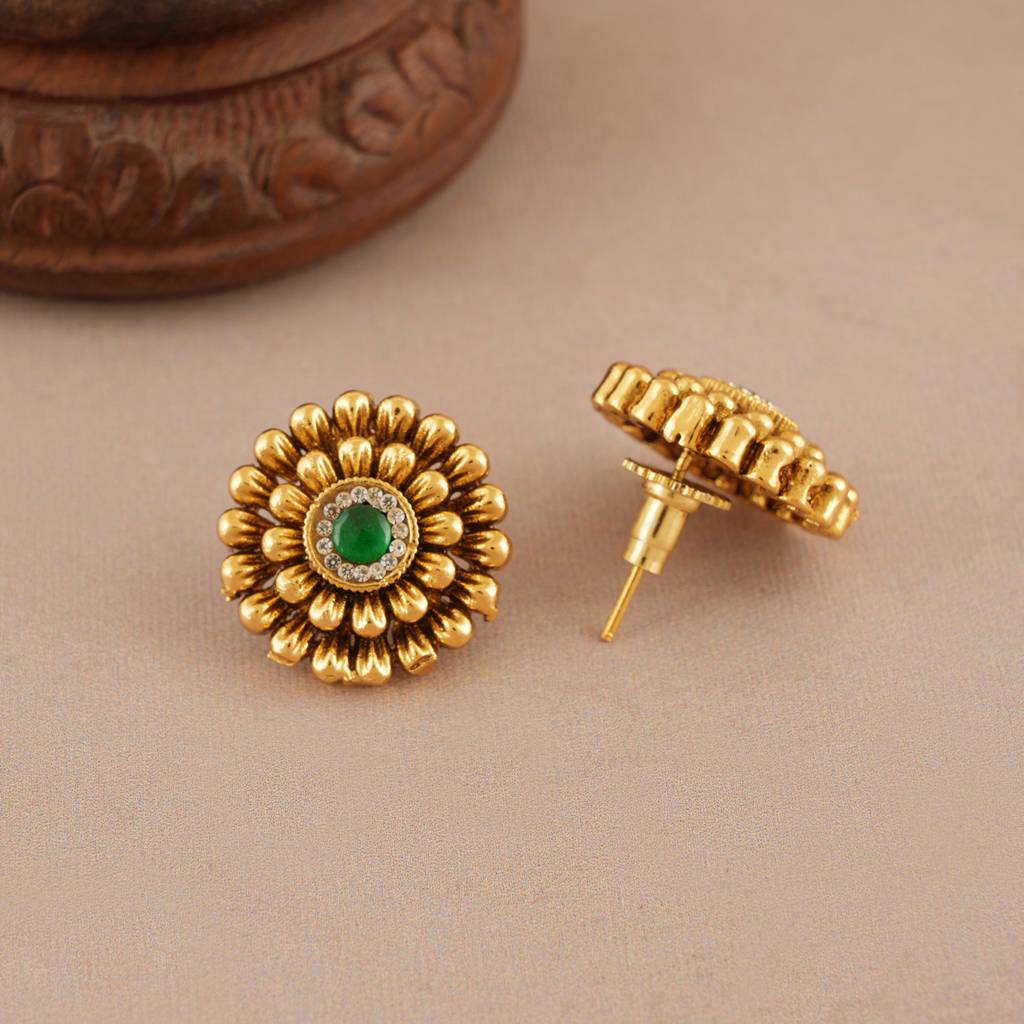 Cute Elegant Floral Antique Gold Green Stone Stud Earring : SJ466