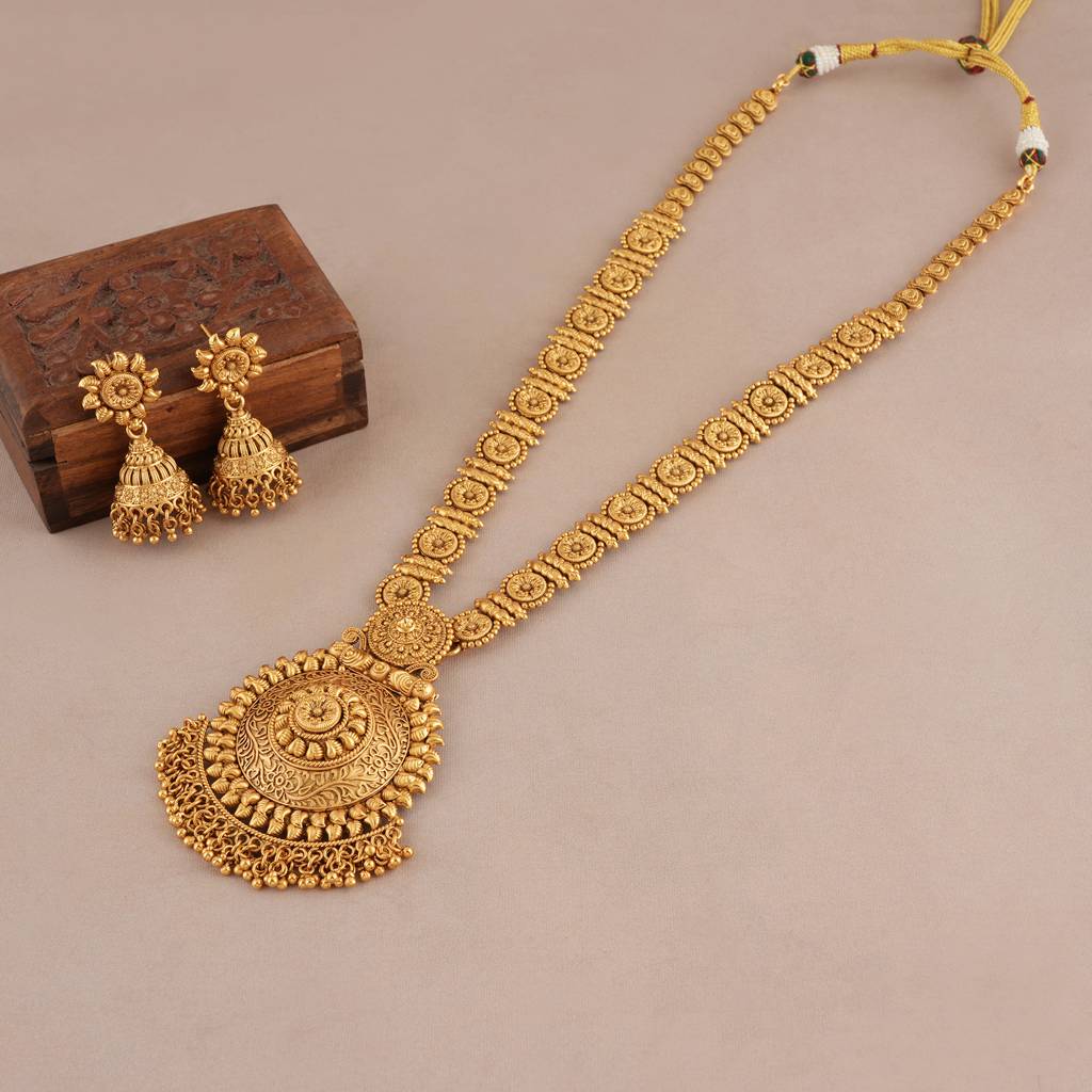 Stunning Long Antique Gold Traditional Necklace Set With Earring : SJ475