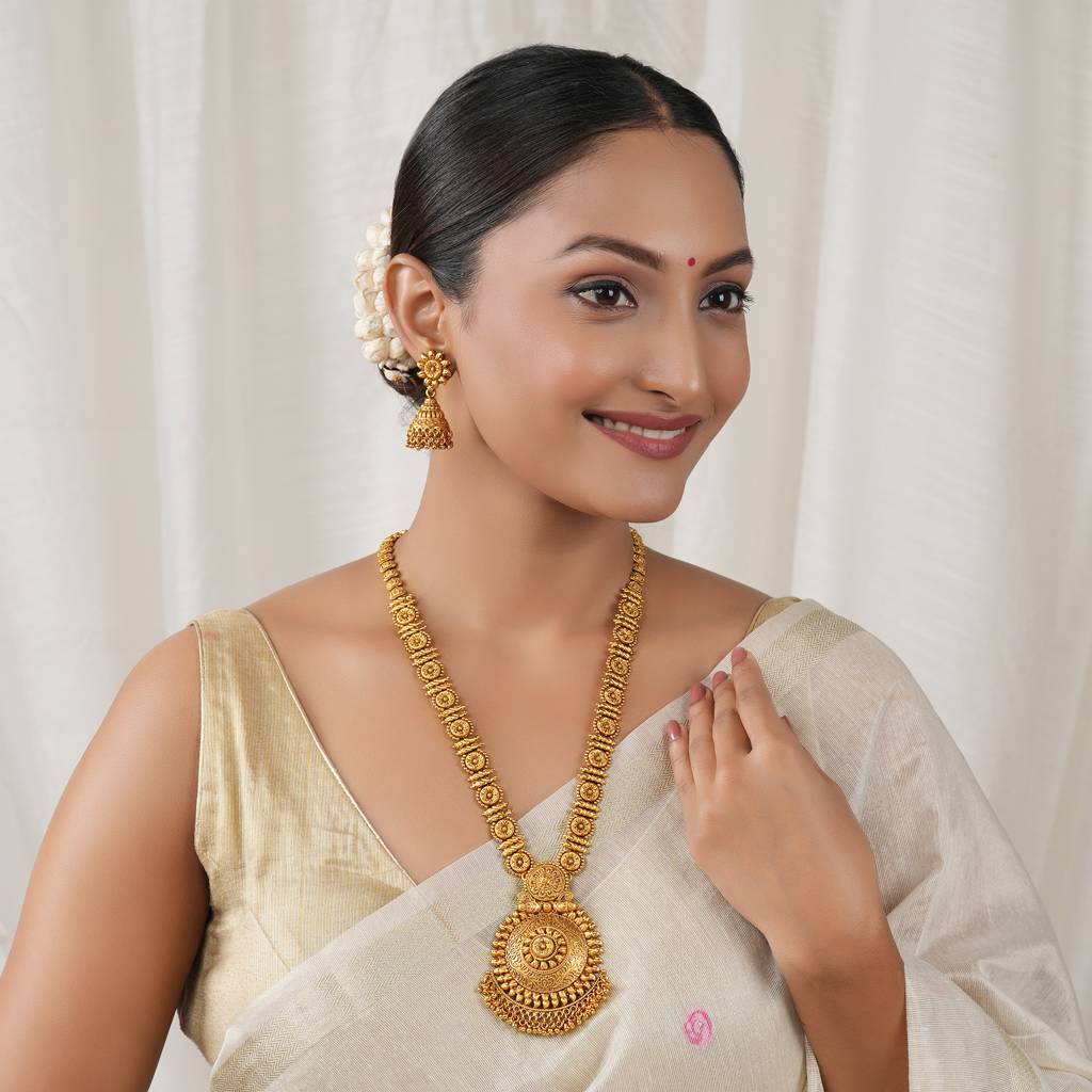 Stunning Long Antique Gold Traditional Necklace Set With Earring : SJ475
