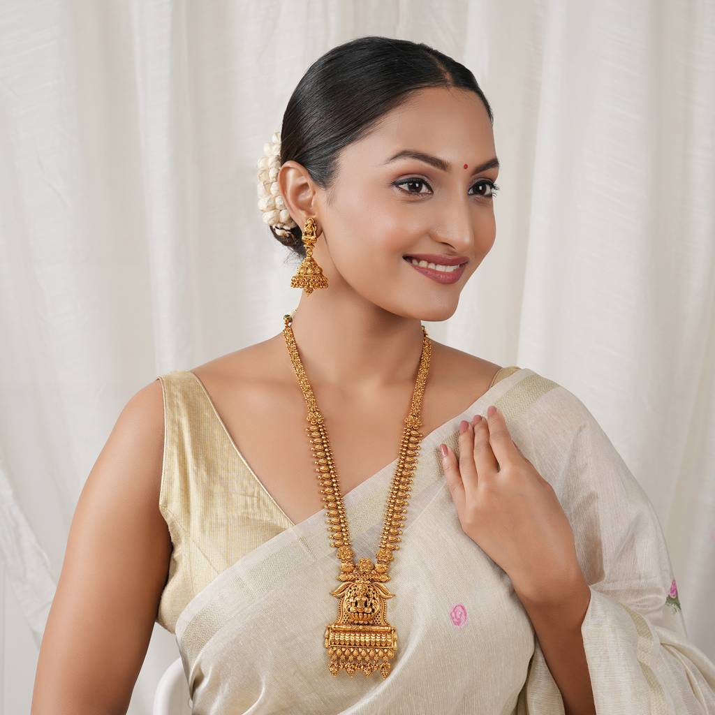 Beautiful Long Antique Gold Maa Lakshmi Necklace Set I Temple Jewellery : SJ476