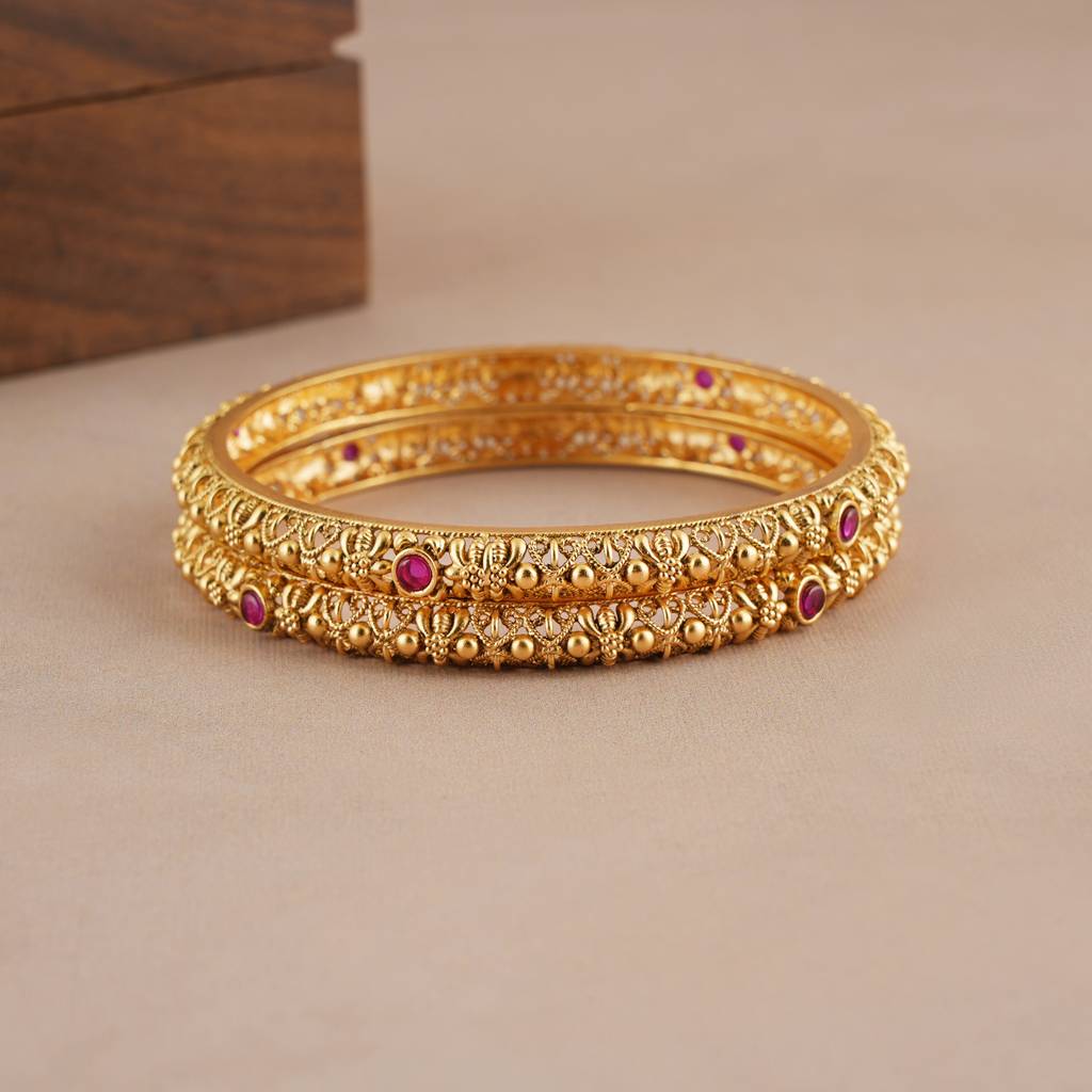 Elegant Antique Gold Ruby Traditional Bangle Set : SJ481