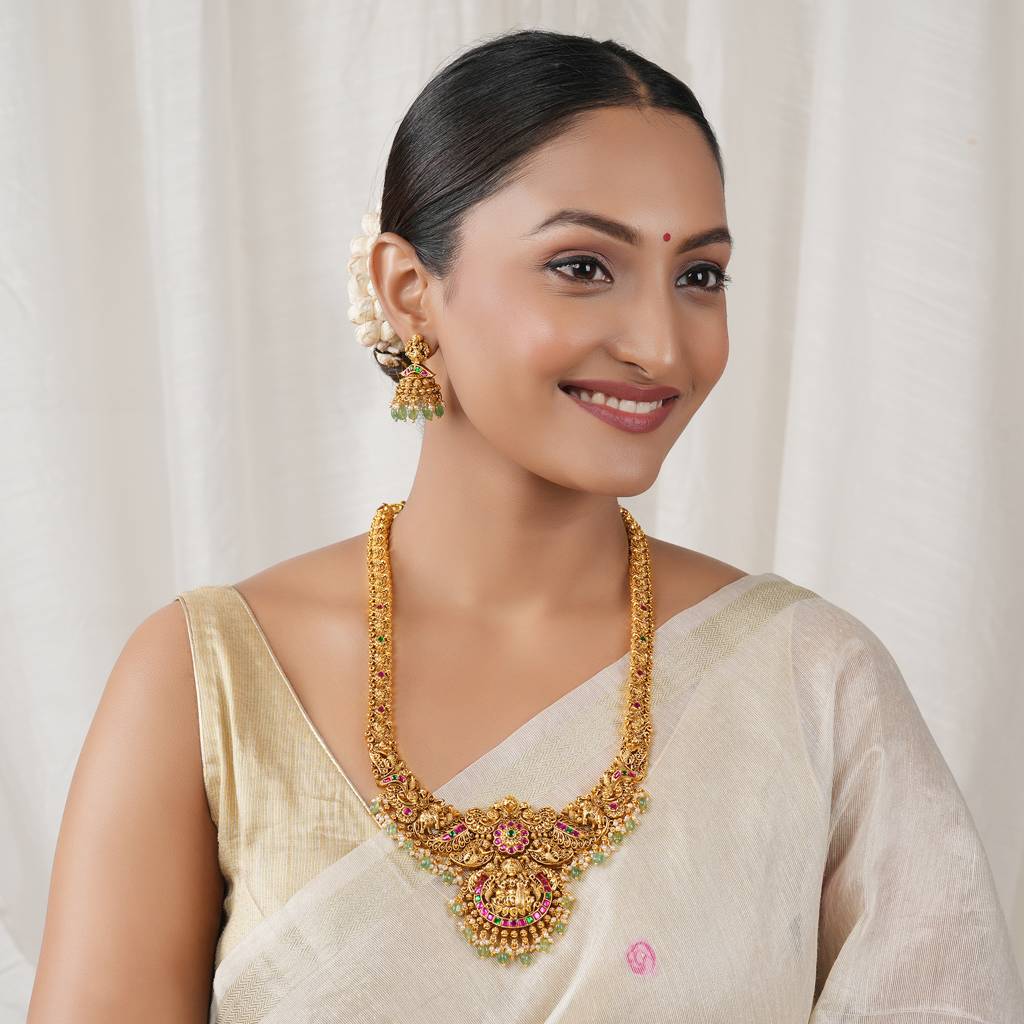 Beautiful Multicolor Stone Antique Gold Maa Lakshmi Long Necklace Set I Temple Jewellery : SJ486