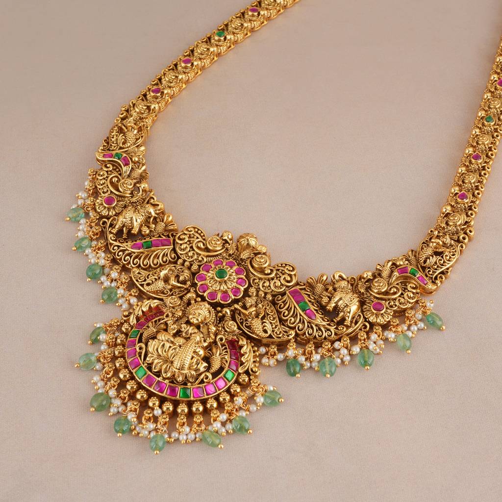 Beautiful Multicolor Stone Antique Gold Maa Lakshmi Long Necklace Set I Temple Jewellery : SJ486