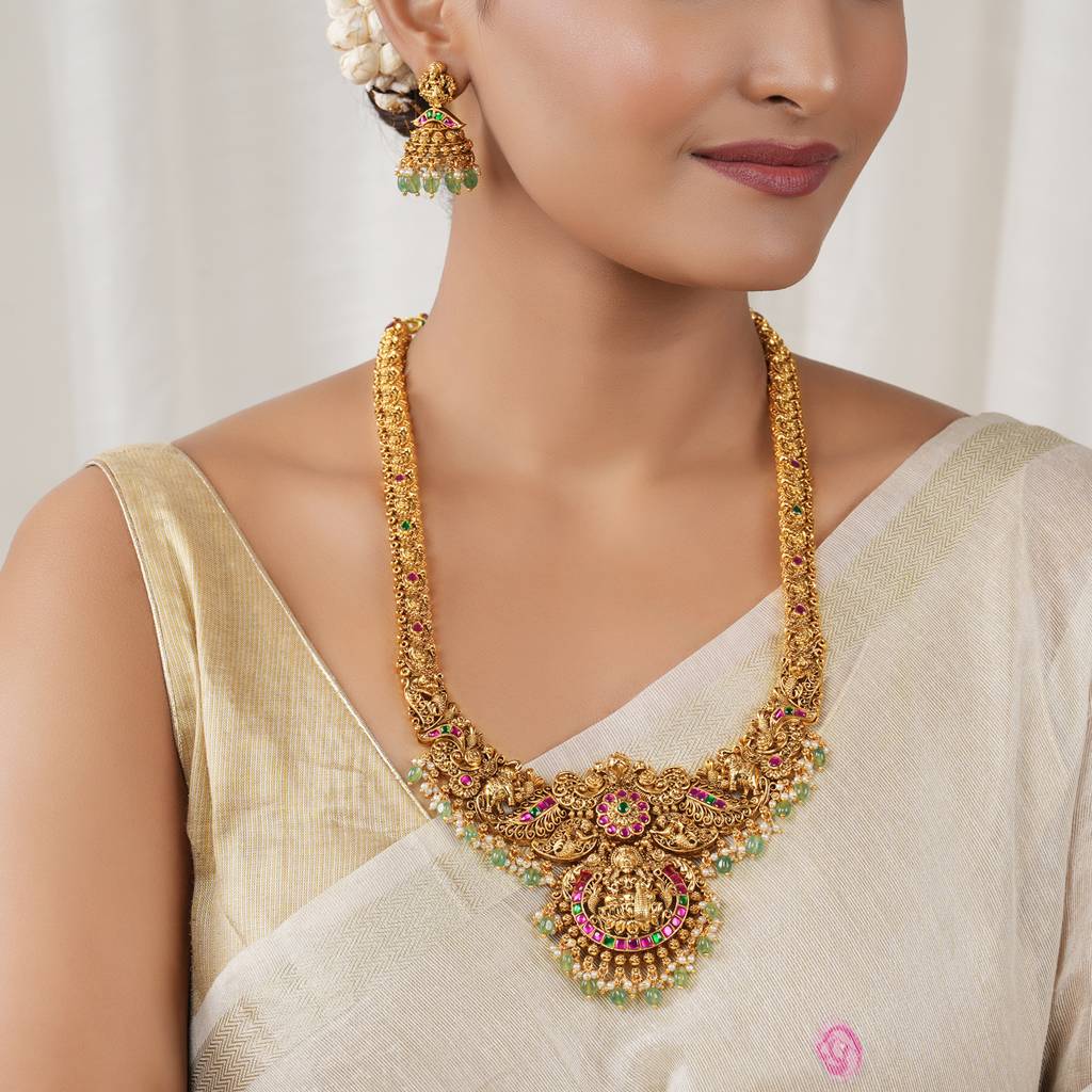 Beautiful Multicolor Stone Antique Gold Maa Lakshmi Long Necklace Set I Temple Jewellery : SJ486