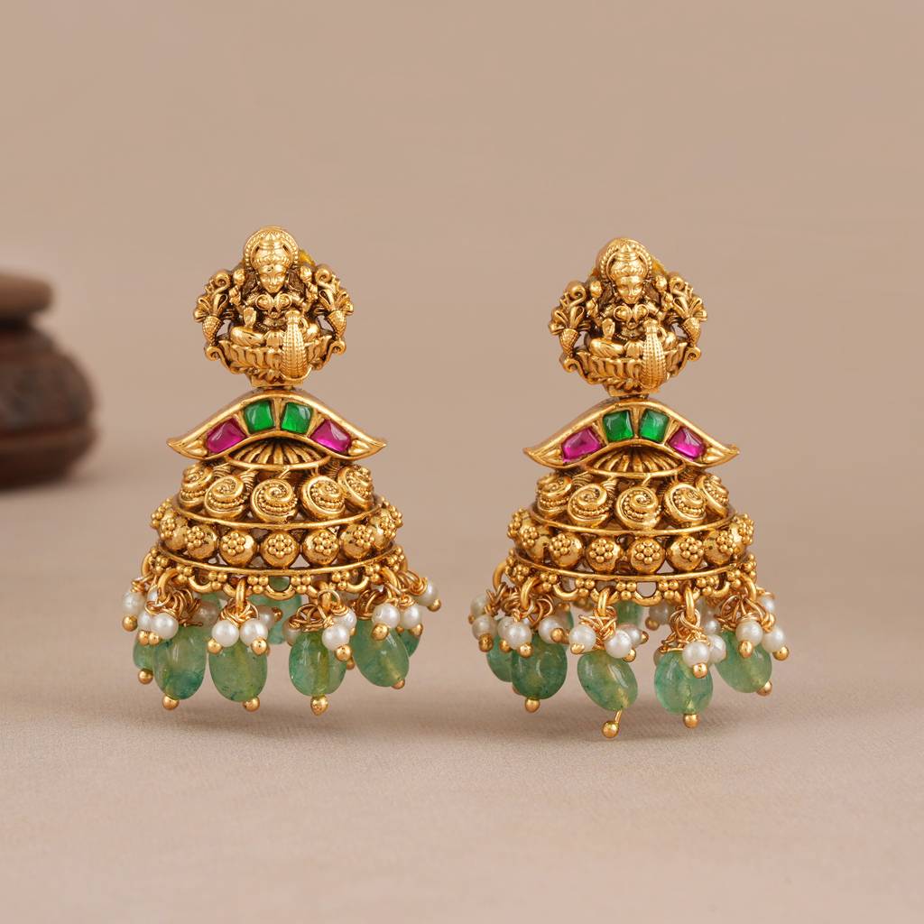 Beautiful Multicolor Stone Antique Gold Maa Lakshmi Long Necklace Set I Temple Jewellery : SJ486