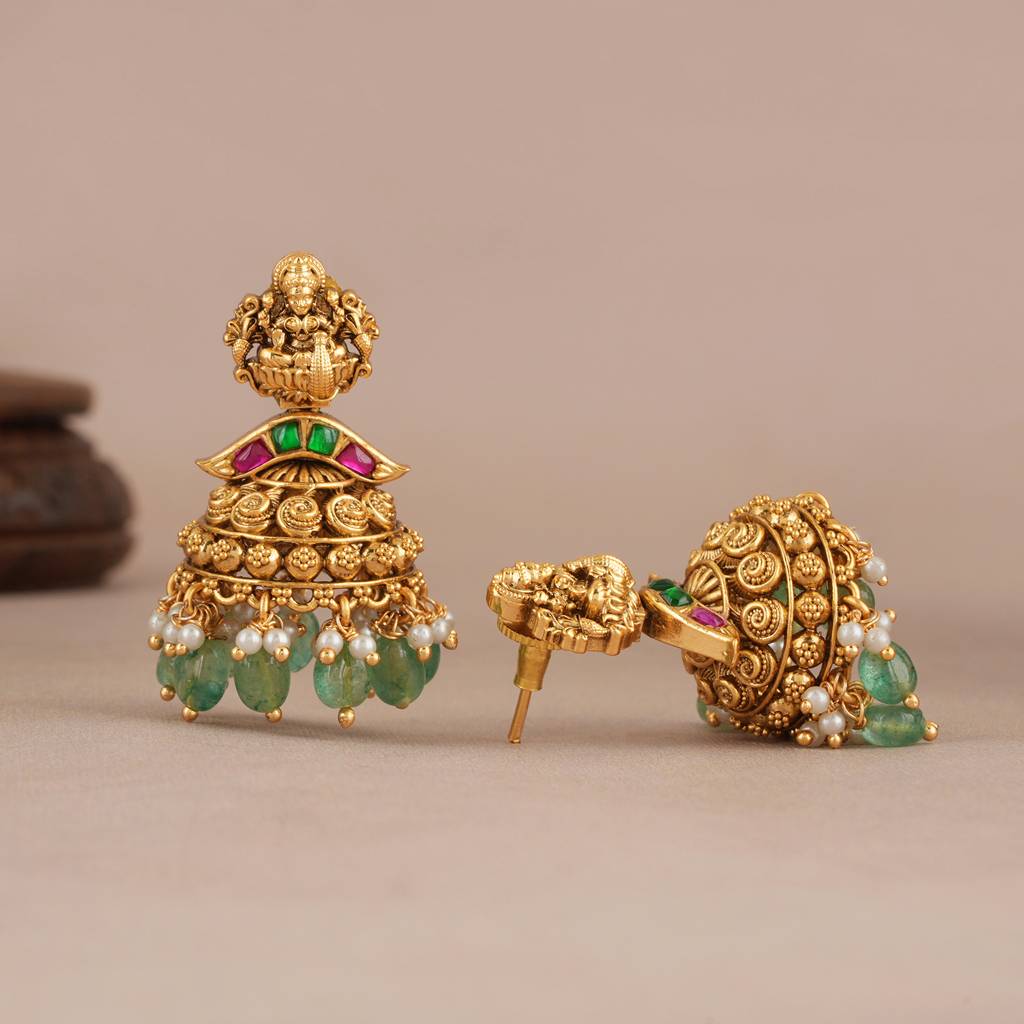 Beautiful Multicolor Stone Antique Gold Maa Lakshmi Long Necklace Set I Temple Jewellery : SJ486