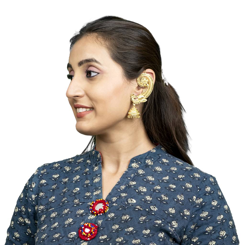 Traditional Matte Haram Gold-Plated Medium Sized Jhumka Earrings With Kundan & Pearl For (Brides) Women : SJE_333_D1