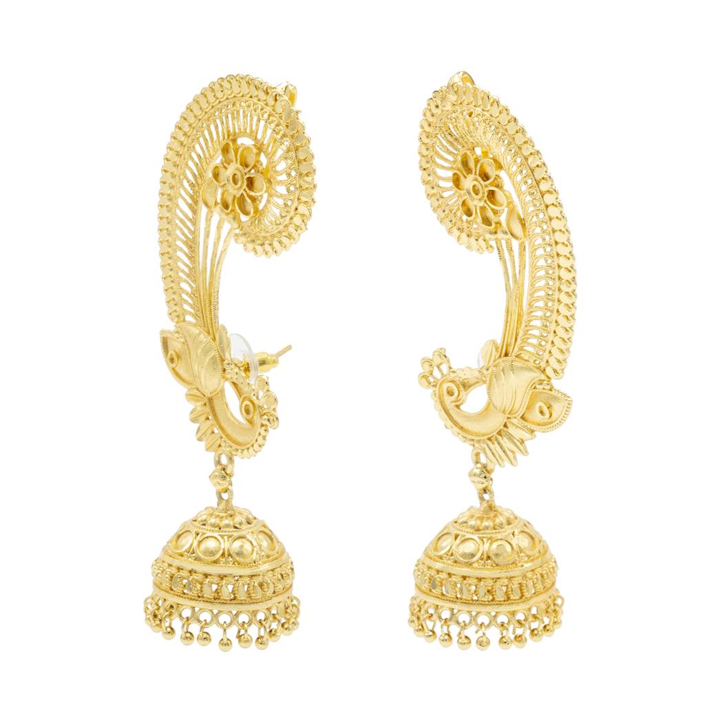 Traditional Matte Haram Gold-Plated Medium Sized Jhumka Earrings With Kundan & Pearl For (Brides) Women : SJE_333_D1