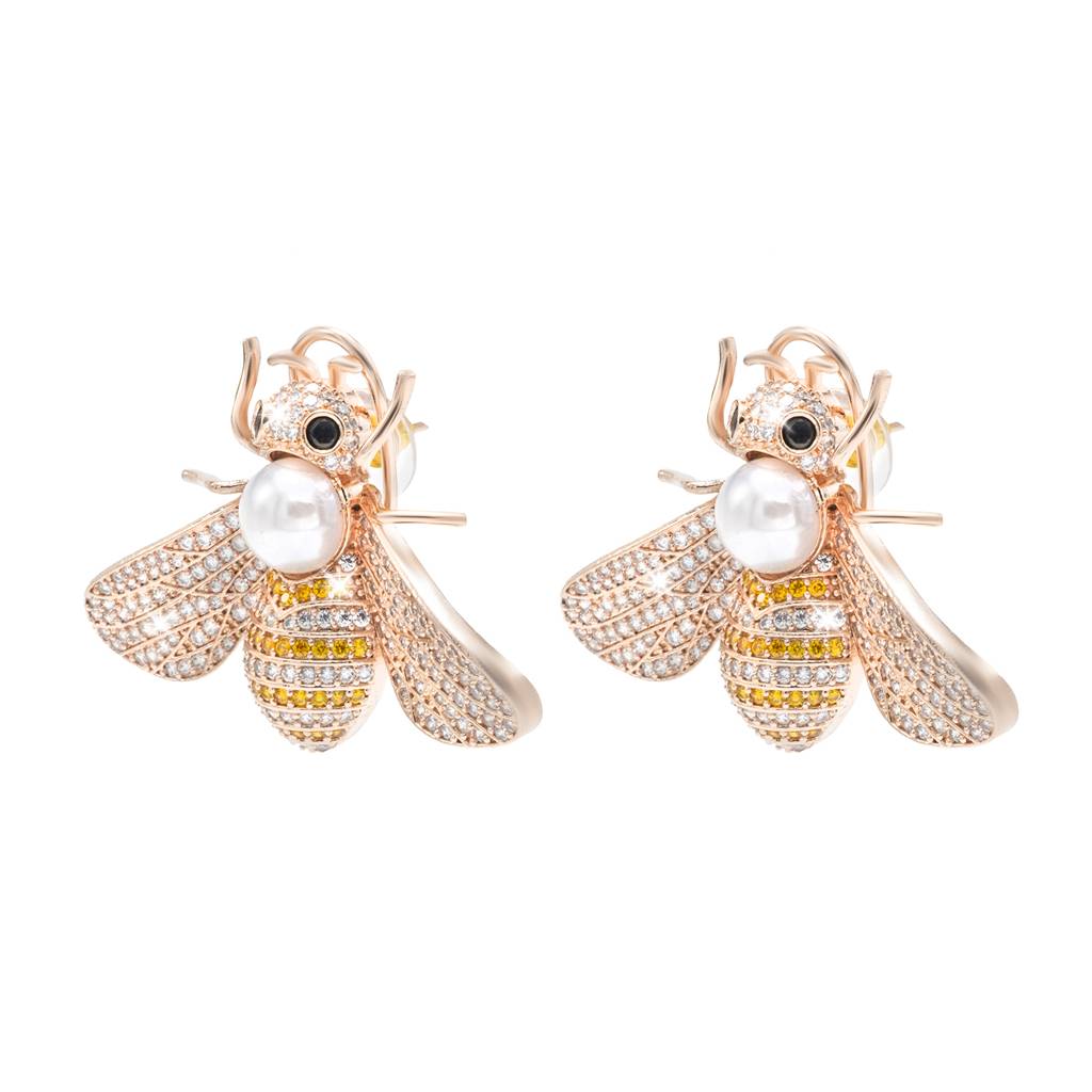 Western Design, Cz, Zirconia, Crystals, Pearls Rhodium Silver Plated Large Size Honey Bee Mosquito Bug Earrings : SJE_307_RG_Y