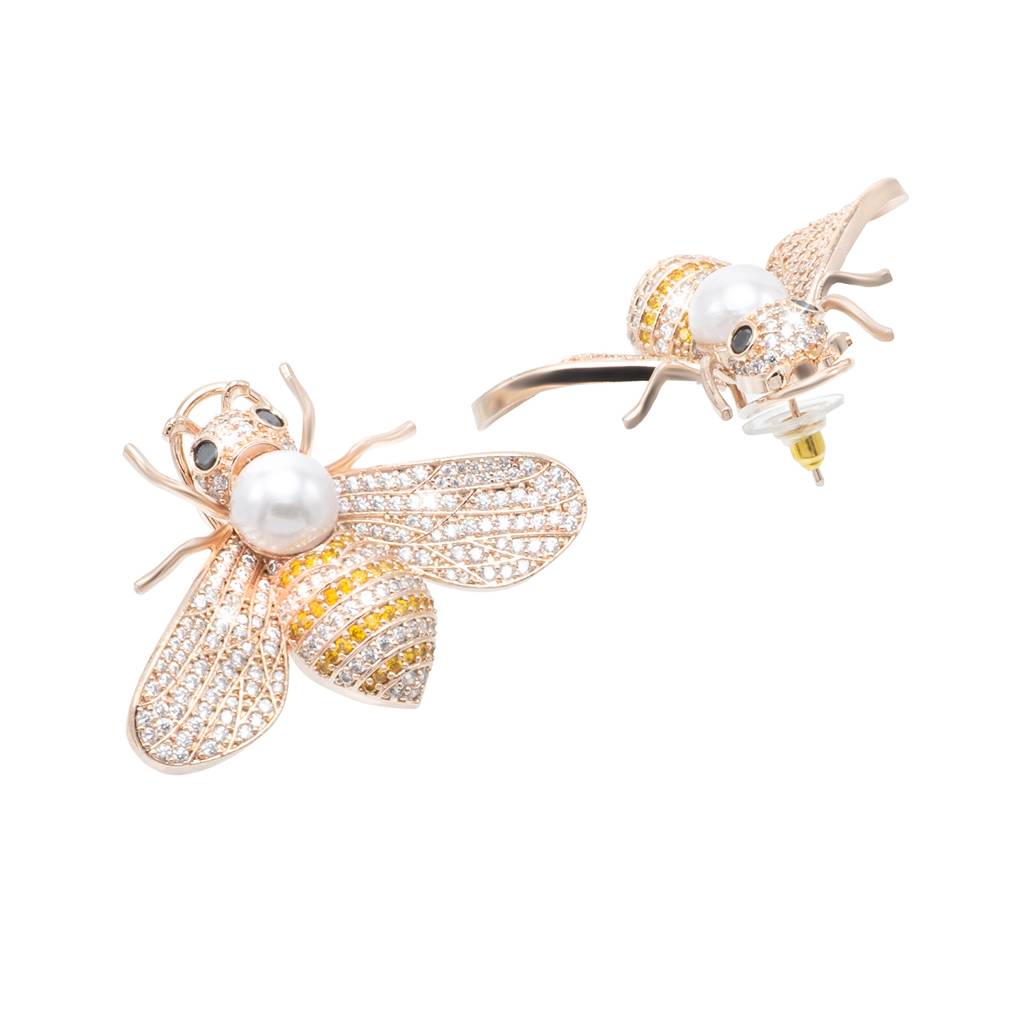 Western Design, Cz, Zirconia, Crystals, Pearls Rhodium Silver Plated Large Size Honey Bee Mosquito Bug Earrings : SJE_307_RG_Y