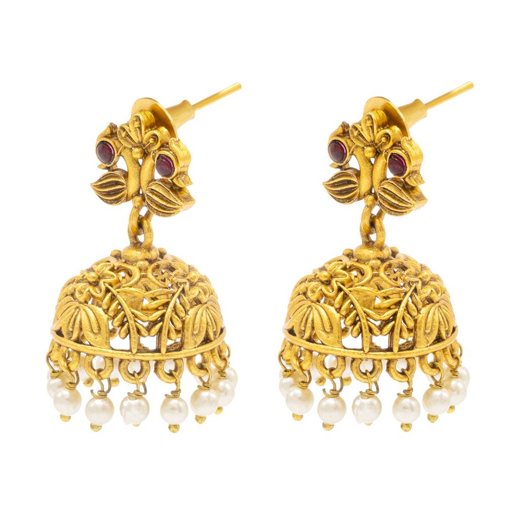 Traditional Indian Temple Jewellery Inspired Matte Gold-Plated Medium Size Jhumka Earrings With Kundan & Pearl For ( : SJE_309
