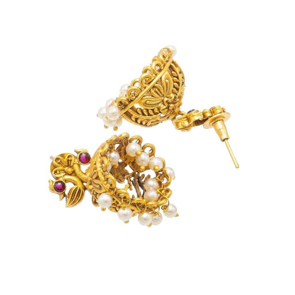 Traditional Indian Temple Jewellery Inspired Matte Gold-Plated Medium Size Jhumka Earrings With Kundan & Pearl For ( : SJE_309