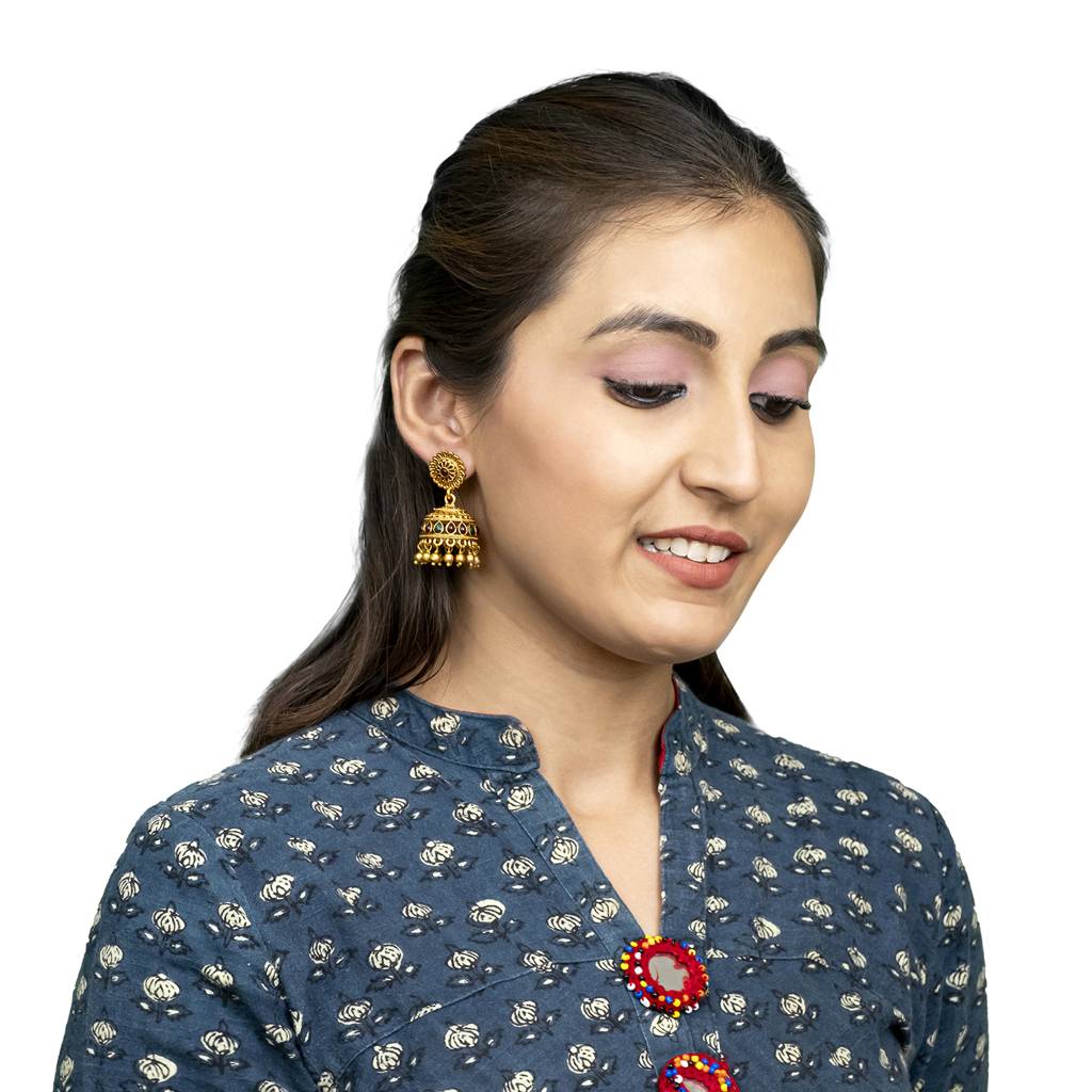 Traditional Indian Temple Jewellery Inspired Matte Gold-Plated Jhumka Earrings With Kundan & Pearl For (Brides) Wome : SJE_310