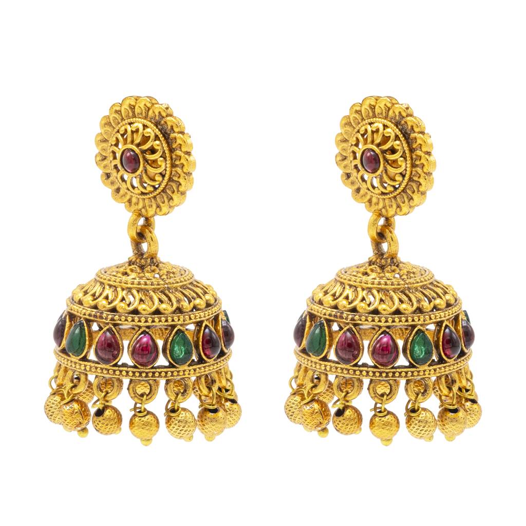 Traditional Indian Temple Jewellery Inspired Matte Gold-Plated Jhumka Earrings With Kundan & Pearl For (Brides) Wome : SJE_310
