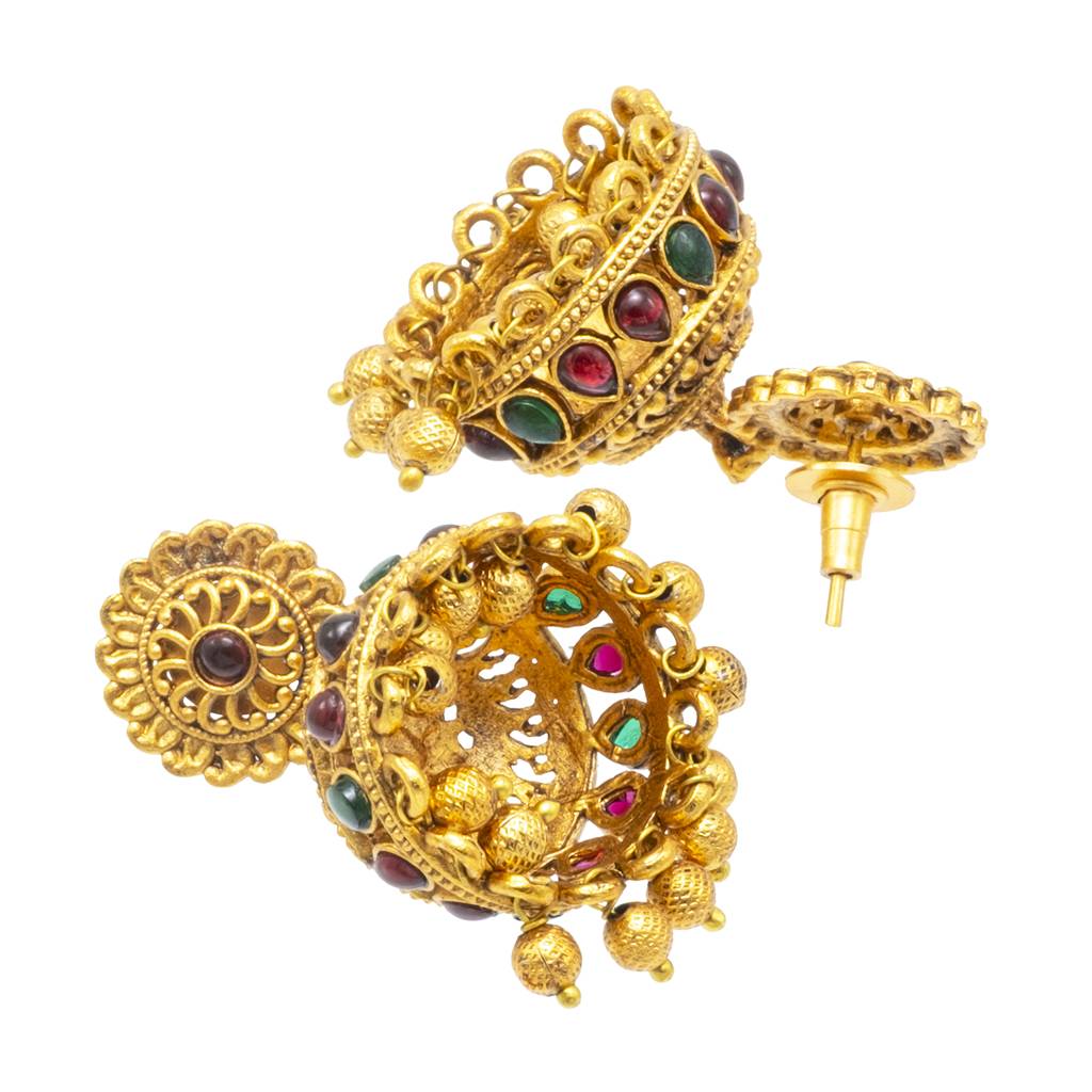 Traditional Indian Temple Jewellery Inspired Matte Gold-Plated Jhumka Earrings With Kundan & Pearl For (Brides) Wome : SJE_310