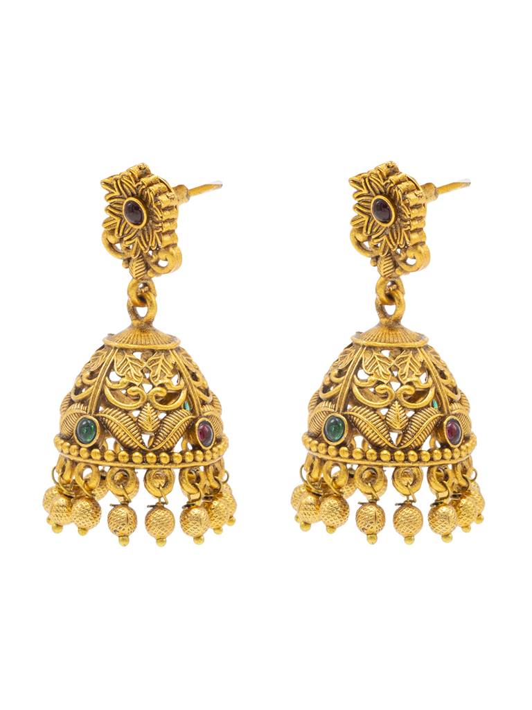 Traditional Indian Temple Jewellery Inspired Matte Gold-Plated Medium Size Jhumka Earrings With Kundan & Pearl For ( : SJE_312