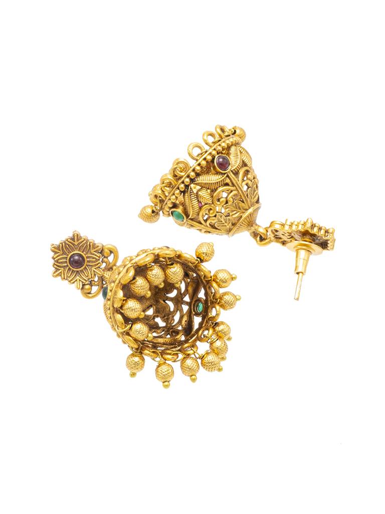 Traditional Indian Temple Jewellery Inspired Matte Gold-Plated Medium Size Jhumka Earrings With Kundan & Pearl For ( : SJE_312