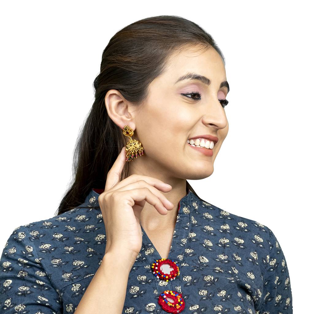 Traditional Indian Temple Jewellery Inspired Matte Gold-Plated Medium Size Jhumka Earrings With Kundan & Pearl For ( : SJE_313