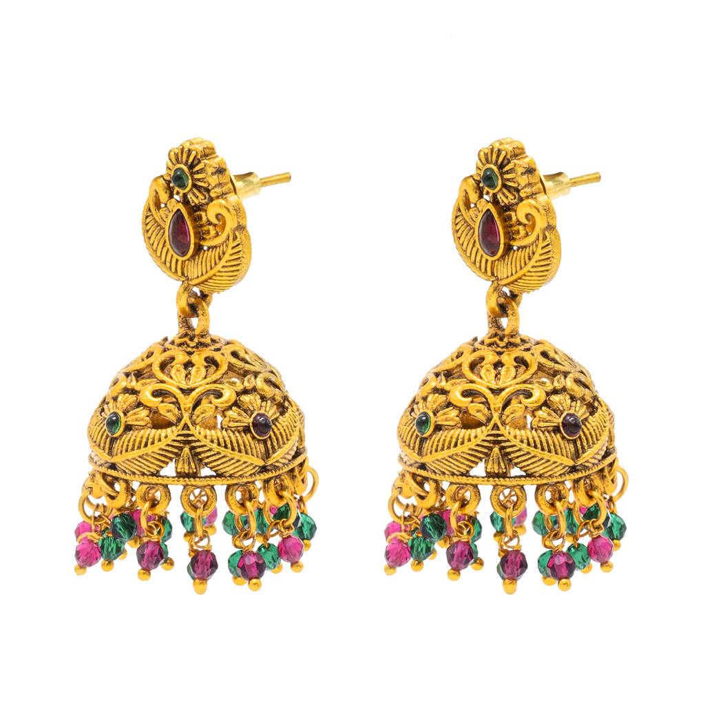 Traditional Indian Temple Jewellery Inspired Matte Gold-Plated Medium Size Jhumka Earrings With Kundan & Pearl For ( : SJE_313