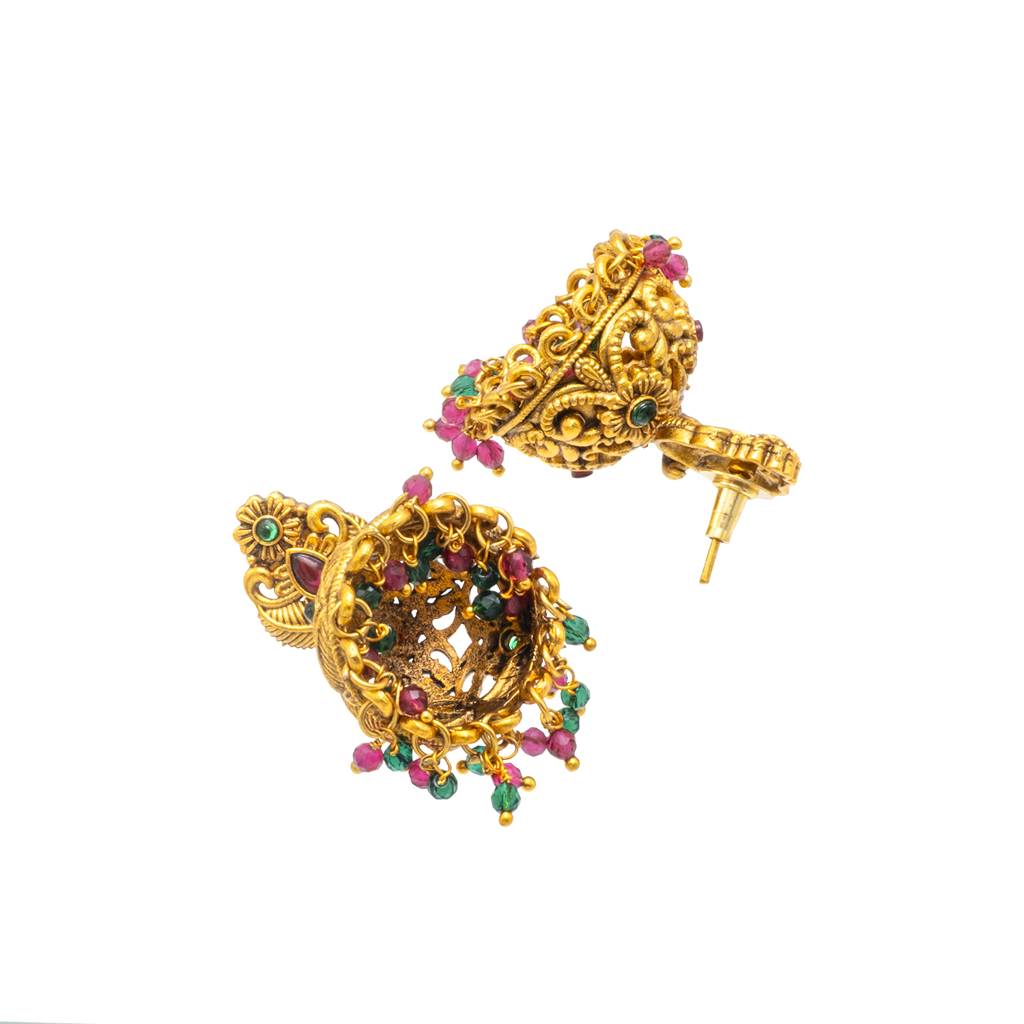 Traditional Indian Temple Jewellery Inspired Matte Gold-Plated Medium Size Jhumka Earrings With Kundan & Pearl For ( : SJE_313