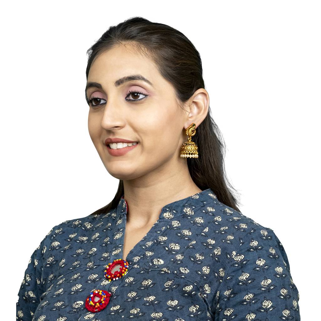 Traditional Indian Temple Jewellery Inspired Matte Gold-Plated Medium Sized Jhumka Earrings With Kundan & Pearl For  : SJE_314