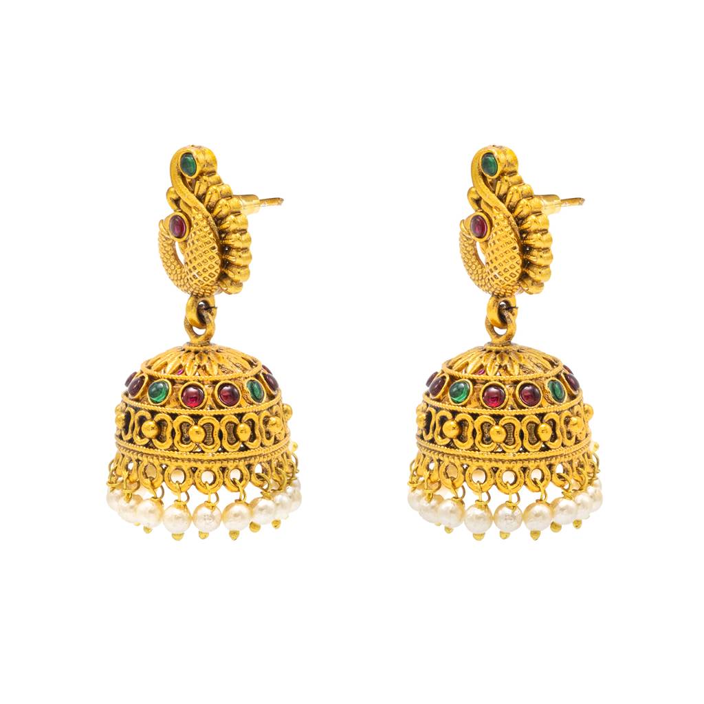 Traditional Indian Temple Jewellery Inspired Matte Gold-Plated Medium Sized Jhumka Earrings With Kundan & Pearl For  : SJE_314