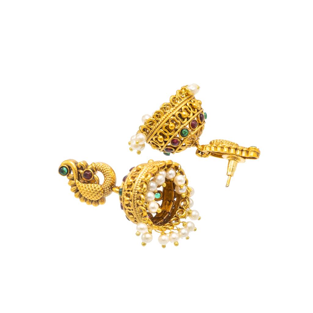 Traditional Indian Temple Jewellery Inspired Matte Gold-Plated Medium Sized Jhumka Earrings With Kundan & Pearl For  : SJE_314