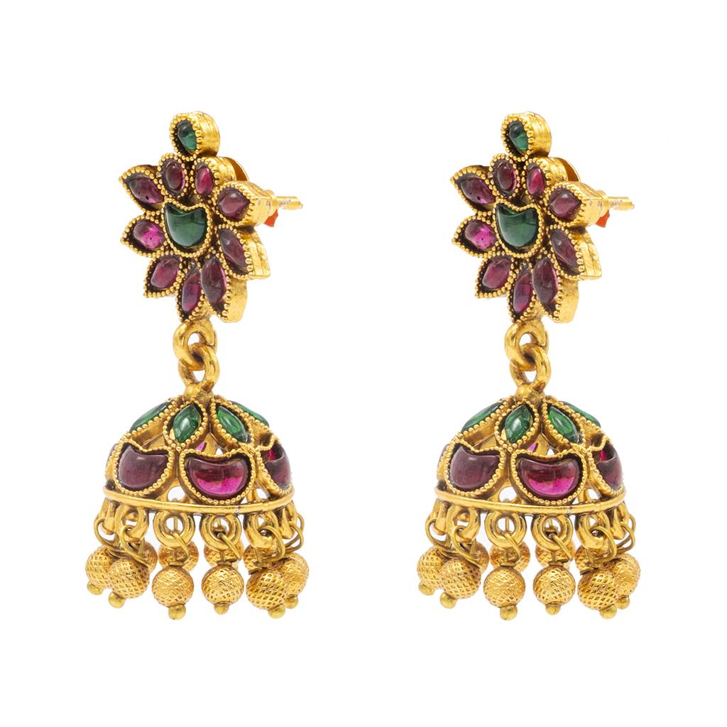 Traditional Indian Temple Jewellery Inspired Matte Gold-Plated Medium Size Jhumka Earrings With Kundan & Pearl For ( : SJE_315