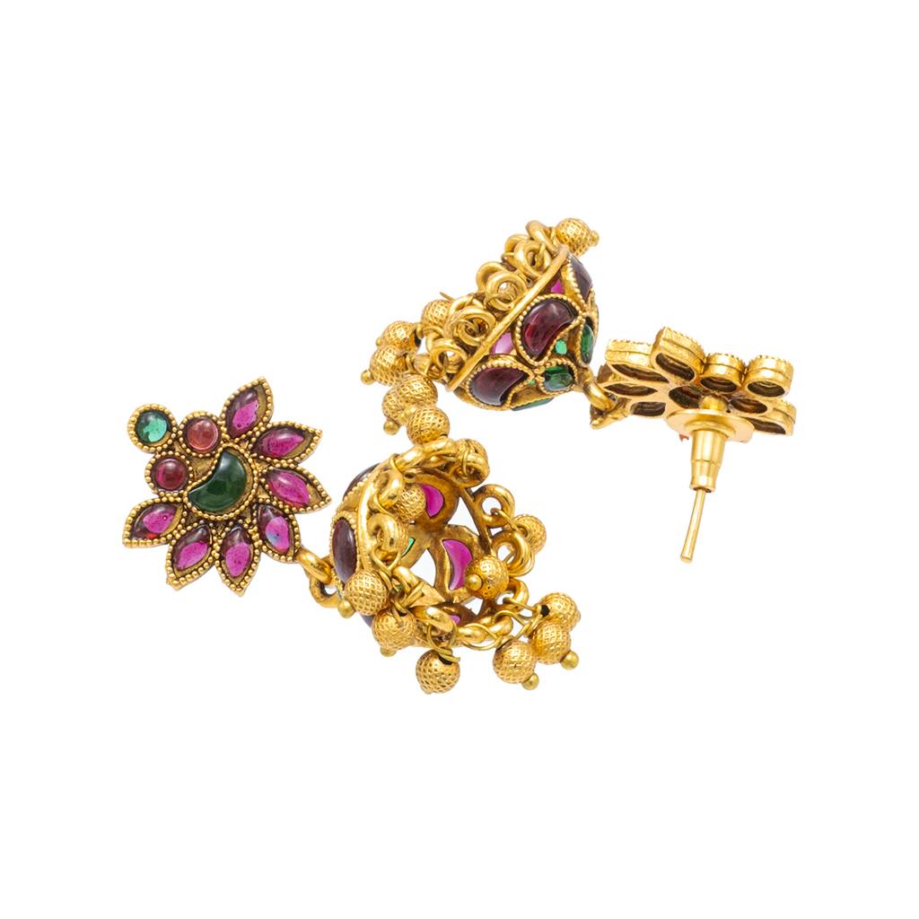 Traditional Indian Temple Jewellery Inspired Matte Gold-Plated Medium Size Jhumka Earrings With Kundan & Pearl For ( : SJE_315