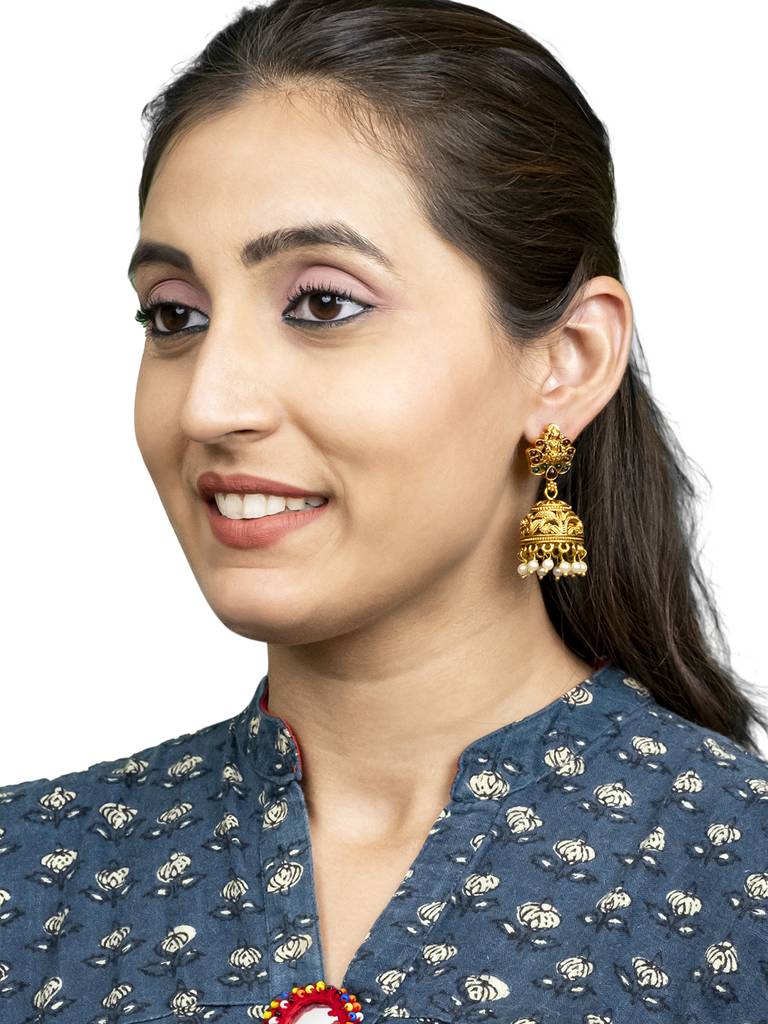 Traditional Indian Temple Jewellery Inspired Matte Gold-Plated Jhumka Medium Size Earrings With Kundan & Pearl For ( : SJE_316