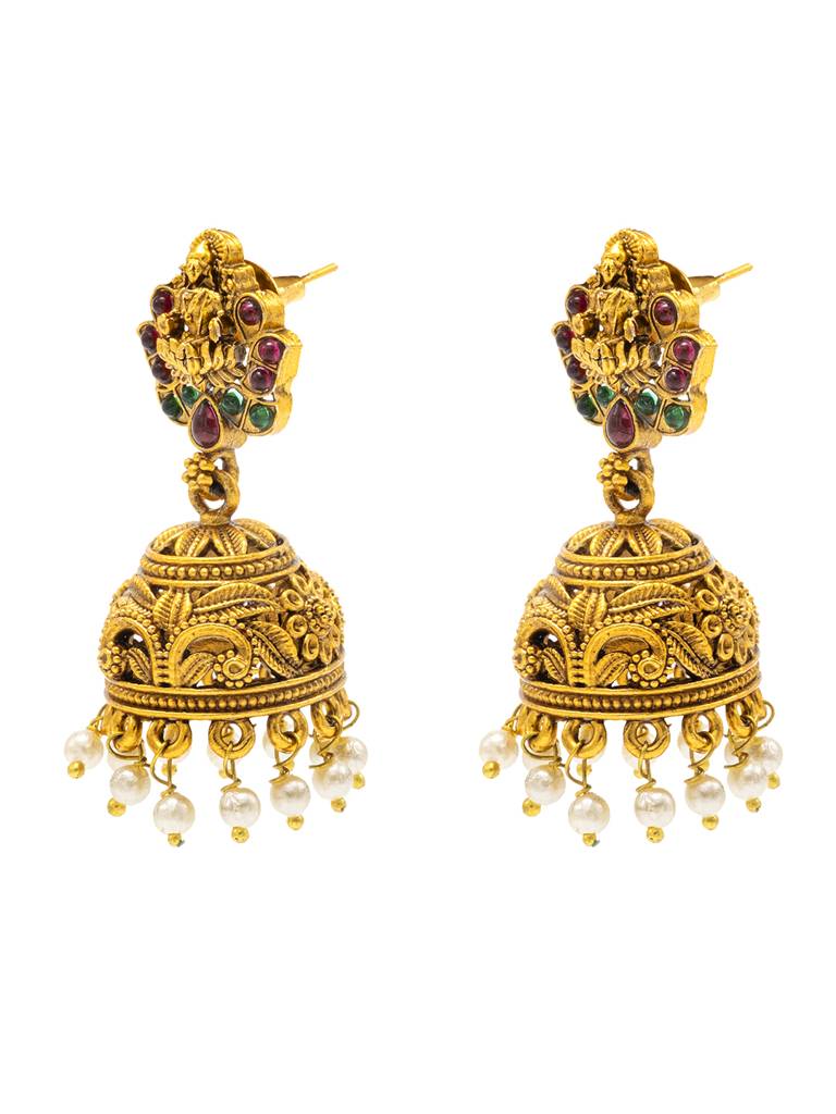 Traditional Indian Temple Jewellery Inspired Matte Gold-Plated Jhumka Medium Size Earrings With Kundan & Pearl For ( : SJE_316