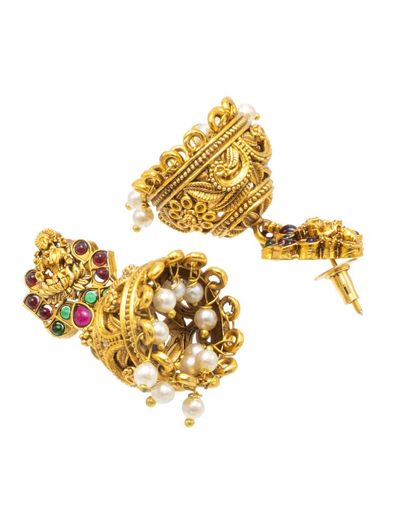 Traditional Indian Temple Jewellery Inspired Matte Gold-Plated Jhumka Medium Size Earrings With Kundan & Pearl For ( : SJE_316
