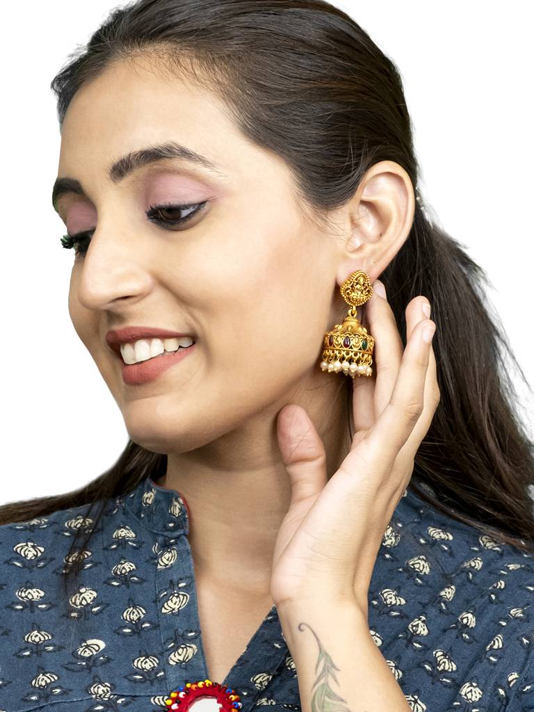Traditional Indian Temple Jewellery Inspired Matte Gold-Plated Jhumka Medium Size Earrings With Kundan & Pearl For ( : SJE_317