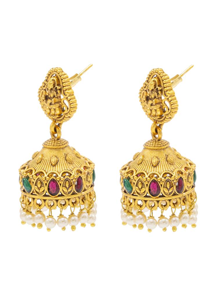 Traditional Indian Temple Jewellery Inspired Matte Gold-Plated Jhumka Medium Size Earrings With Kundan & Pearl For ( : SJE_317