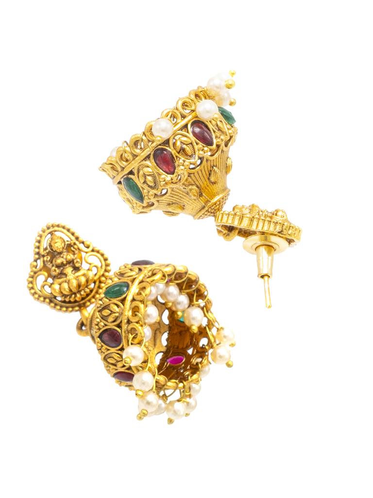 Traditional Indian Temple Jewellery Inspired Matte Gold-Plated Jhumka Medium Size Earrings With Kundan & Pearl For ( : SJE_317