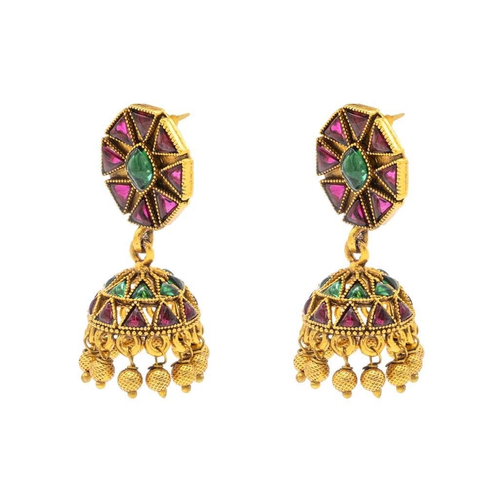 Traditional Indian Temple Jewellery Inspired Matte Medium Sized Gold-Plated Jhumka Earrings With Kundan & Pearl For  : SJE_318