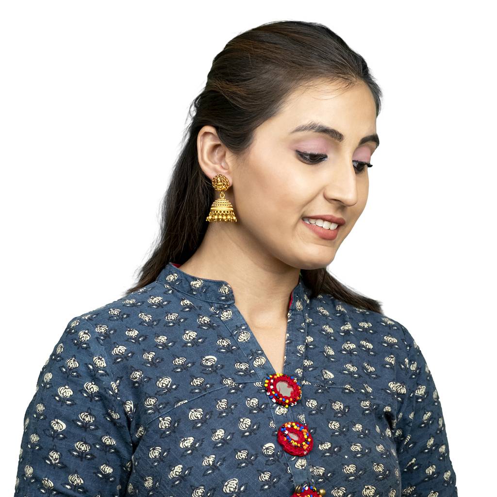 Traditional Indian Temple Jewellery Inspired Matte Gold-Plated Jhumka Medium Size Earrings With Kundan & Pearl Fo : SJE_320_D1