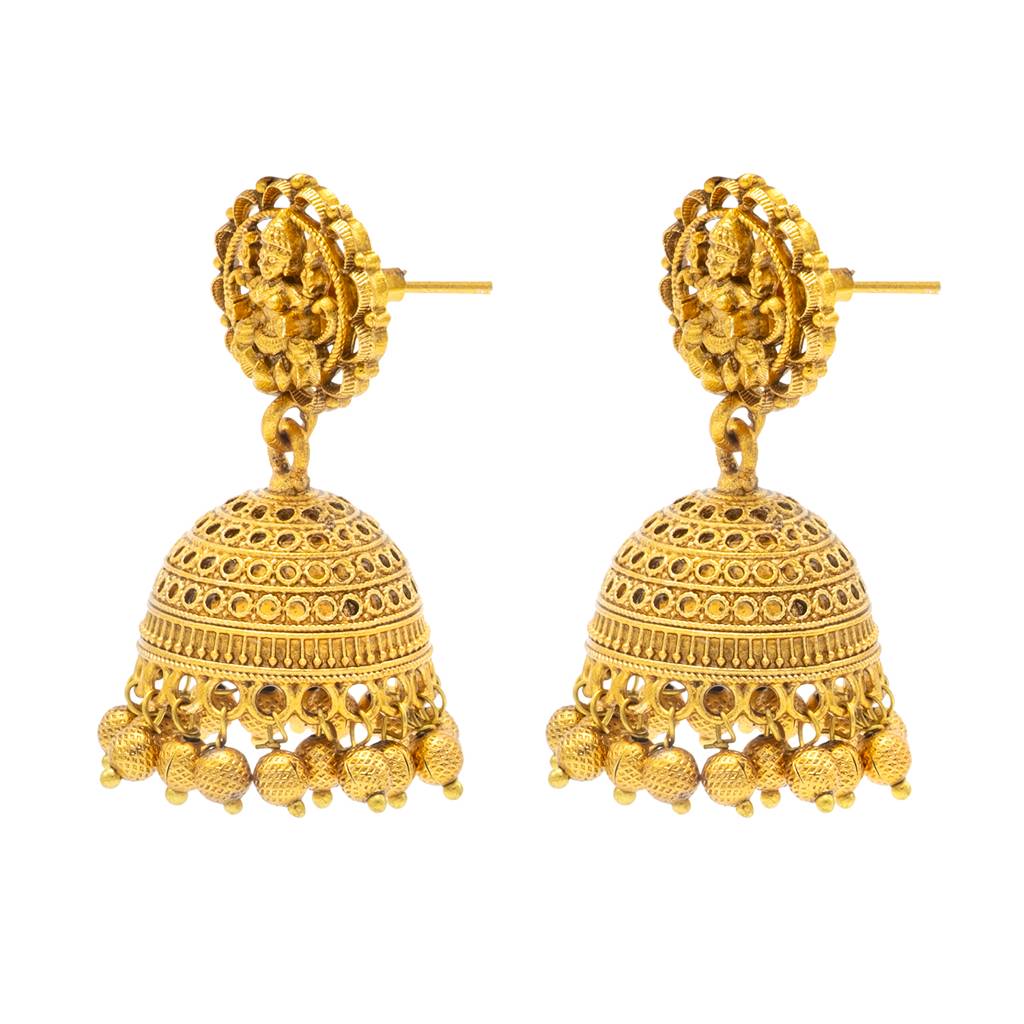 Traditional Indian Temple Jewellery Inspired Matte Gold-Plated Jhumka Medium Size Earrings With Kundan & Pearl Fo : SJE_320_D1