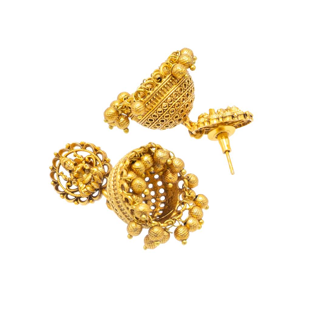 Traditional Indian Temple Jewellery Inspired Matte Gold-Plated Jhumka Medium Size Earrings With Kundan & Pearl Fo : SJE_320_D1