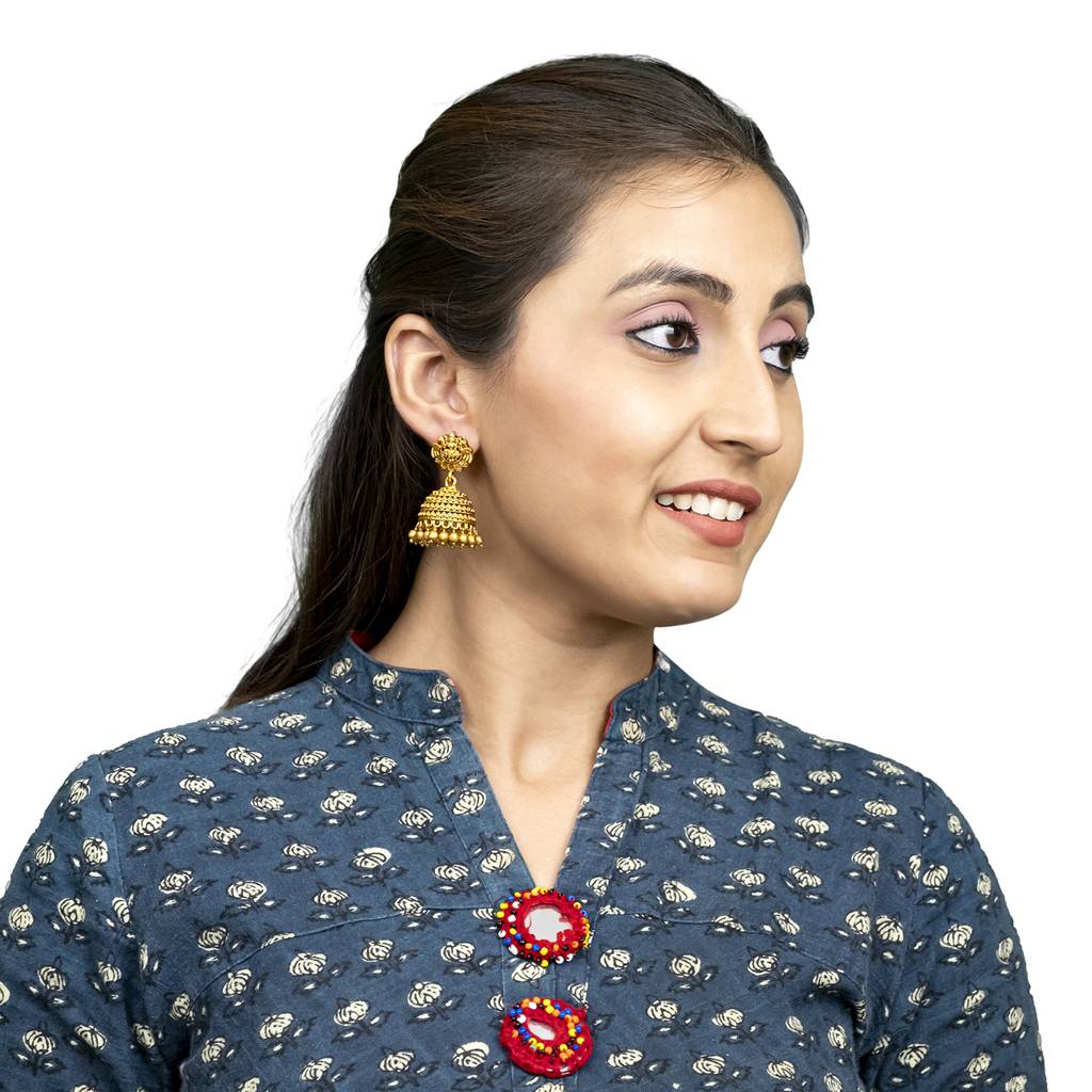 Traditional Indian Temple Jewellery Inspired Matte Gold-Plated Jhumka Medium Size Earrings With Kundan & Pearl Fo : SJE_320_D2