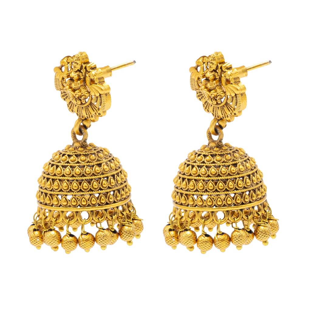 Traditional Indian Temple Jewellery Inspired Matte Gold-Plated Jhumka Medium Size Earrings With Kundan & Pearl Fo : SJE_320_D2