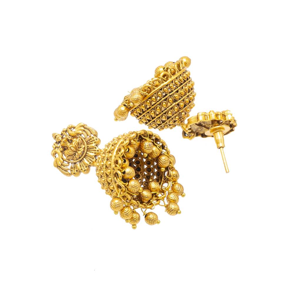 Traditional Indian Temple Jewellery Inspired Matte Gold-Plated Jhumka Medium Size Earrings With Kundan & Pearl Fo : SJE_320_D2