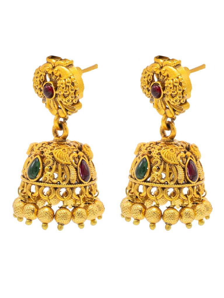 Traditional Indian Temple Jewellery Inspired Matte Gold-Plated Jhumka Small Size Earrings With Kundan & Pearl For : SJE_321_D1