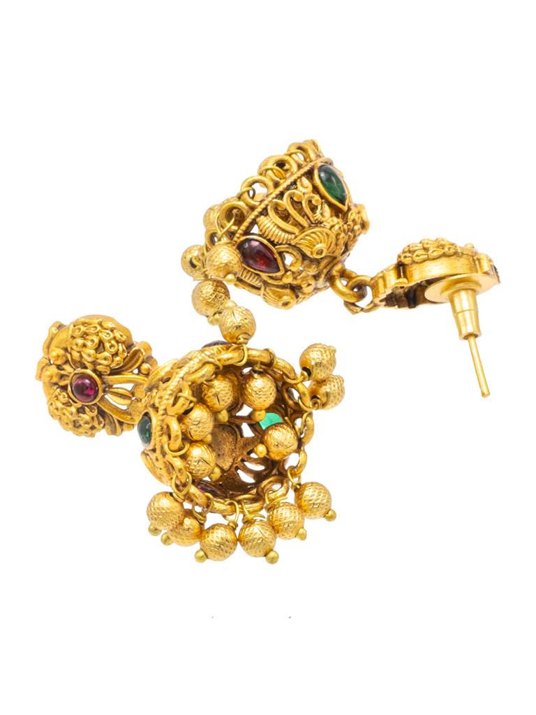 Traditional Indian Temple Jewellery Inspired Matte Gold-Plated Jhumka Small Size Earrings With Kundan & Pearl For : SJE_321_D1
