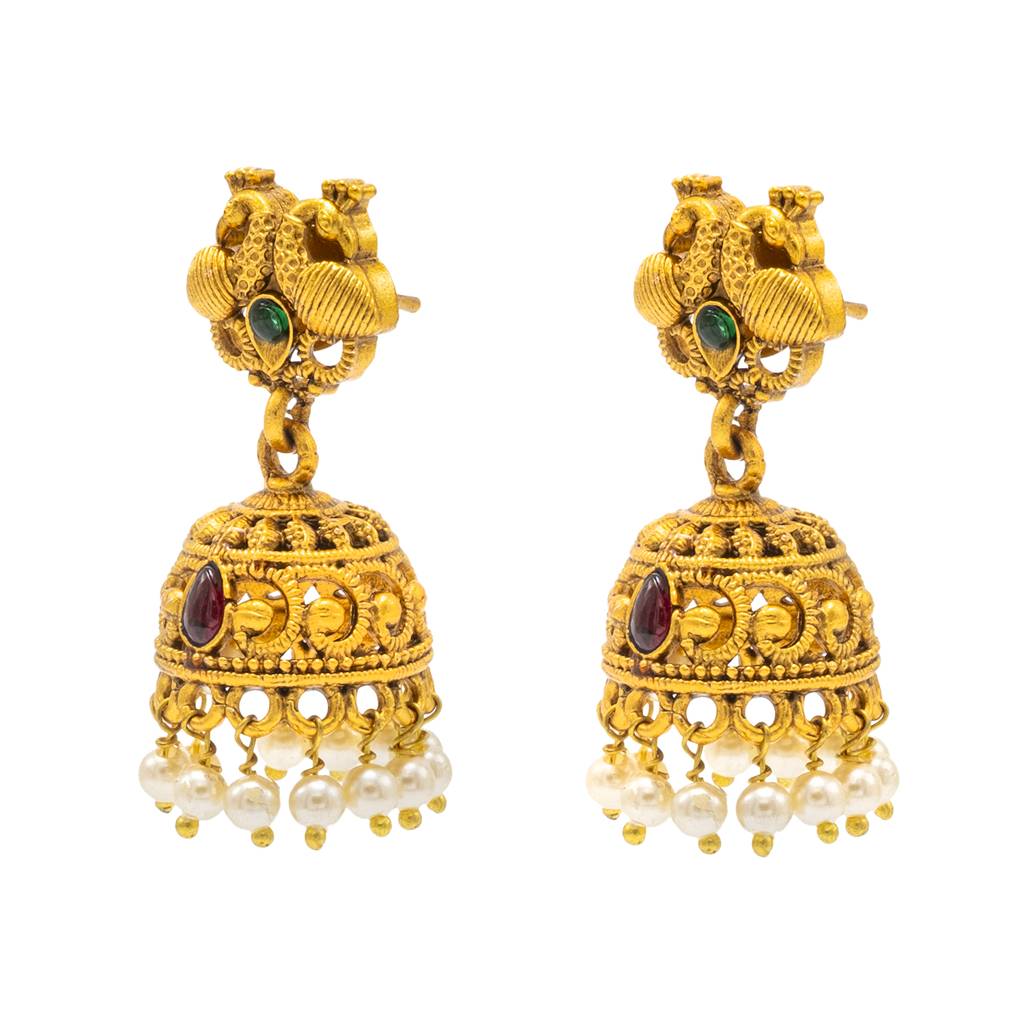 Traditional Indian Temple Jewellery Inspired Matte Gold-Plated Jhumka Small Size Earrings With Kundan & Pearl For : SJE_321_D2